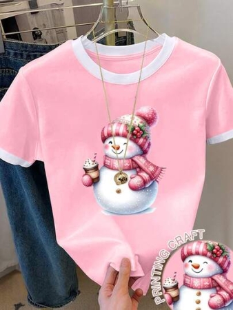 Resyla Women's Christmas Print Short Sleeve Colorblock Round Neck T-Shirt