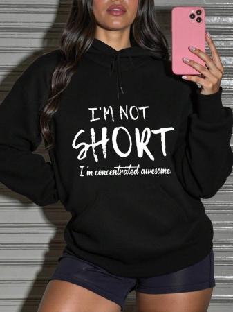 SHEIN Slayr Women's Hooded Sweatshirt With Slogan Print And Drawstring Closure I'M NOT SHORT I'm Concentrated Awesome - Image 2