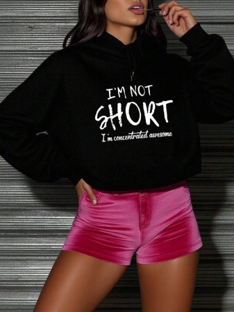 SHEIN Slayr Women's Hooded Sweatshirt With Slogan Print And Drawstring Closure I'M NOT SHORT I'm Concentrated Awesome - Image 4