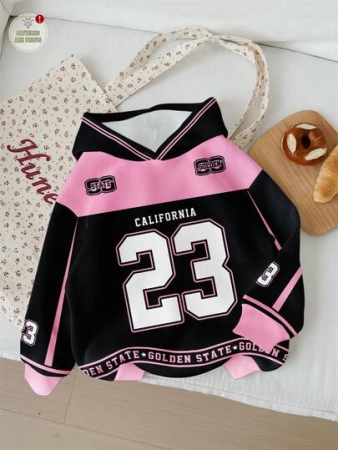 SHEIN EZwear Casual Street Y2K Sports College Style Loose Fit Long Sleeve Numeric & Letter Striped Black & Pink Print Graphic Hoodie Sweatshirt For Women, Comfortable For Autumn/Winter
