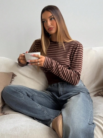 Aloruh Women's Colorblock Striped Crew Neck Long Sleeve T-Shirt Brown Long Sleeve Top Brown Crop Top Chocolate Brown Top Coffee Brown Top Cozy Fall And Winter Clothes For Women Winter Clothes Winter Clothes For Women Women's Winter Clothes - Image 8