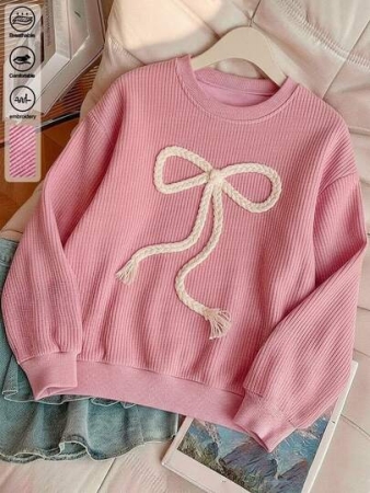 Resyla Women's Casual 3D Floral Decor Crew Neck Corduroy Long Sleeve Sweatshirt, Autumn/Winter
