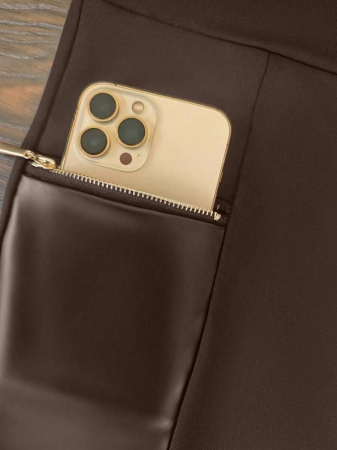 Women's Solid High Waist Pants, Daily Casual Wear Patchwork Faux Leather Leggings With Zipper Pockets, Women's Clothing - Image 20