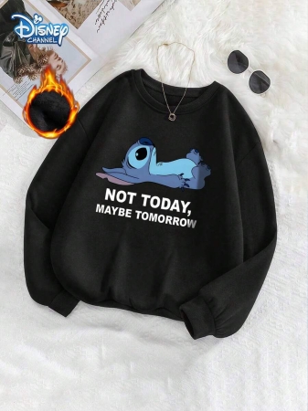 Disney EILL, Autumn And Winter Thermal Lined Joint "Fun Stitch" Cartoon Print Japanese Sweatshirt, Korean Comfortable Retro Fashion Commuting All-Match Y2k Clothing Women's Clothing, Regular Classic Small Round Neck, Black Long-Sleeved Women's Round Neck Sweatshirt - Image 2