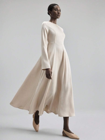 Ontre 2025 New Winter Women's Extra Long Dress, Solid Color Apricot, Fitted Silhouette, A-Line, Long Sleeve, Waist Cinched, Round Neck, Seam Design, Drawstring, Suitable For Halloween, Christmas, Wedding Guest, Tea Party, Casual Versatile, Minimalist Elegant, Urban Chic, Women's Outerwear, Holiday Outfit, Women's Extra Long Dress, Popular Fashionable Versatile Women's Dress - Image 2