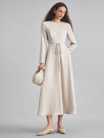 Ontre 2025 New Winter Women's Extra Long Dress, Solid Color Apricot, Fitted Silhouette, A-Line, Long Sleeve, Waist Cinched, Round Neck, Seam Design, Drawstring, Suitable For Halloween, Christmas, Wedding Guest, Tea Party, Casual Versatile, Minimalist Elegant, Urban Chic, Women's Outerwear, Holiday Outfit, Women's Extra Long Dress, Popular Fashionable Versatile Women's Dress - Image 3