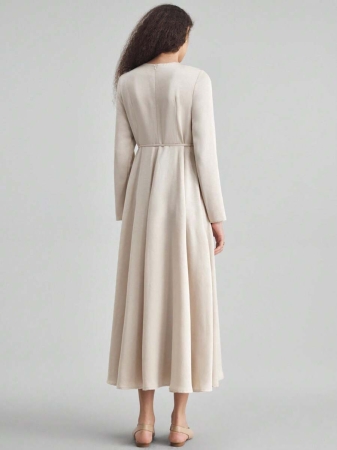 Ontre 2025 New Winter Women's Extra Long Dress, Solid Color Apricot, Fitted Silhouette, A-Line, Long Sleeve, Waist Cinched, Round Neck, Seam Design, Drawstring, Suitable For Halloween, Christmas, Wedding Guest, Tea Party, Casual Versatile, Minimalist Elegant, Urban Chic, Women's Outerwear, Holiday Outfit, Women's Extra Long Dress, Popular Fashionable Versatile Women's Dress - Image 4