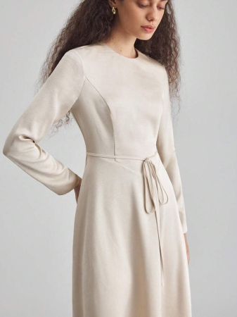 Ontre 2025 New Winter Women's Extra Long Dress, Solid Color Apricot, Fitted Silhouette, A-Line, Long Sleeve, Waist Cinched, Round Neck, Seam Design, Drawstring, Suitable For Halloween, Christmas, Wedding Guest, Tea Party, Casual Versatile, Minimalist Elegant, Urban Chic, Women's Outerwear, Holiday Outfit, Women's Extra Long Dress, Popular Fashionable Versatile Women's Dress - Image 6