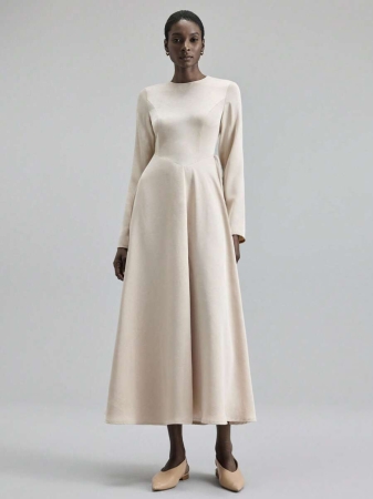 Ontre 2025 New Winter Women's Extra Long Dress, Solid Color Apricot, Fitted Silhouette, A-Line, Long Sleeve, Waist Cinched, Round Neck, Seam Design, Drawstring, Suitable For Halloween, Christmas, Wedding Guest, Tea Party, Casual Versatile, Minimalist Elegant, Urban Chic, Women's Outerwear, Holiday Outfit, Women's Extra Long Dress, Popular Fashionable Versatile Women's Dress - Image 8