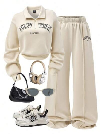 SHEIN 2pcs Women Set, New Autumn/Winter, Apricot Stand Collar Zip-Up Hoodie, Matching Long Sleeve Sweatpants With Ribbed Cuffs, MEW YORK REOOKLYN Letter Print, Comfortable Casual, Mother-Daughter Matching