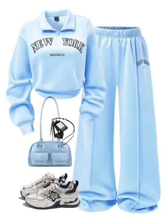SHEIN 2pcs Women Set, New Autumn/Winter, Apricot Stand Collar Zip-Up Hoodie, Matching Long Sleeve Sweatpants With Ribbed Cuffs, MEW YORK REOOKLYN Letter Print, Comfortable Casual, Mother-Daughter Matching - Image 18