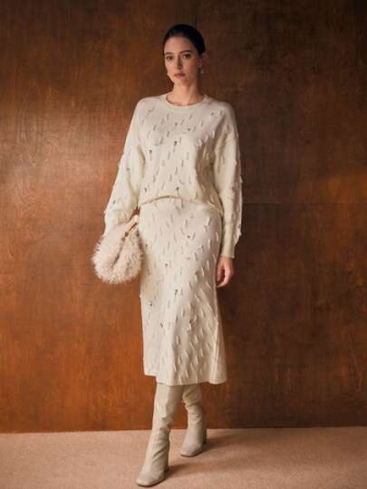 MOTF PREMIUM RHINESTONE FRINGE DETAIL DROP SHOULDER OVERSIZE SWEATER & KNIT SKIRT SET