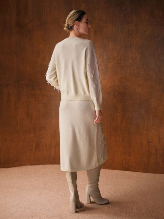 MOTF PREMIUM RHINESTONE FRINGE DETAIL DROP SHOULDER OVERSIZE SWEATER & KNIT SKIRT SET - Image 4