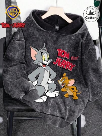 Warner Bros LILL, Autumn And Winter Women's Tom And Jerry Pattern Hooded Sweatshirt Top, Slightly Stretch Fit Washed And Distressed Cotton Black Pullover Long Sleeve Sweatshirt, Casual Everyday Back To School Season Hoodie Top