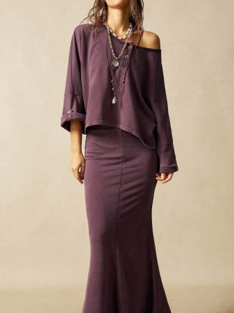 Bohemela 2pcs/Set Women Casual Solid Color Knit Round Neck Loose T-Shirt & Long Skirt - Image 4