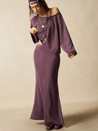 Bohemela 2pcs/Set Women Casual Solid Color Knit Round Neck Loose T-Shirt & Long Skirt - Image 6