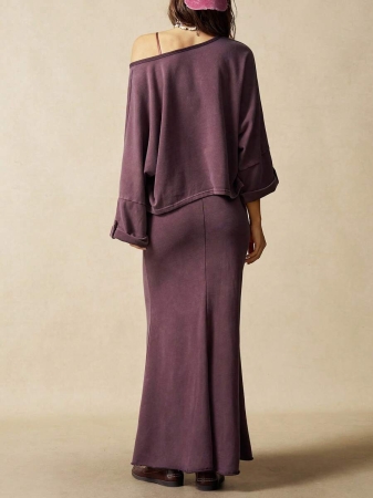 Bohemela 2pcs/Set Women Casual Solid Color Knit Round Neck Loose T-Shirt & Long Skirt - Image 9