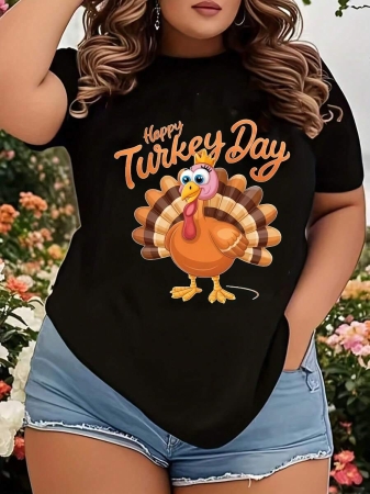 Women's Plus Size Thanksgiving Graphic Print T-Shirt - Casual Short-Sleeved Crew Neck T-Shirt With Maple Leaf And Orange Turkey Graphic Print, Lightweight, Breathable Fabric, Machine Washable, Thanksgiving-Themed, Festive Graphic T-Shirt, Comfortable Seasonal Wear For Thanksgiving And Halloween, Breathable Material, Perfect For Holiday Shoppers. - Image 2