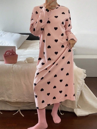 DAZY Plush Fleece Heart Pattern Allover Print Loose Nightgown, Autumn/Winter, For Fall Winter Pajama - Image 5