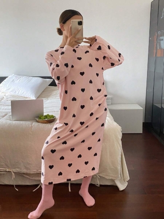 DAZY Plush Fleece Heart Pattern Allover Print Loose Nightgown, Autumn/Winter, For Fall Winter Pajama - Image 7