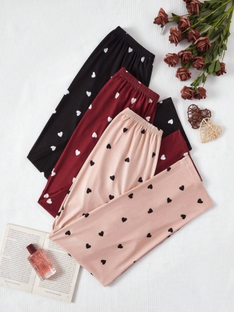 3pcs/Set Plus Size Women's Heart Print Elastic Waist Pajama Cozy Pants, Fall Clothes - Image 2