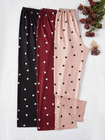 3pcs/Set Plus Size Women's Heart Print Elastic Waist Pajama Cozy Pants, Fall Clothes - Image 3