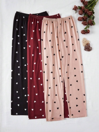 3pcs/Set Plus Size Women's Heart Print Elastic Waist Pajama Cozy Pants, Fall Clothes - Image 4