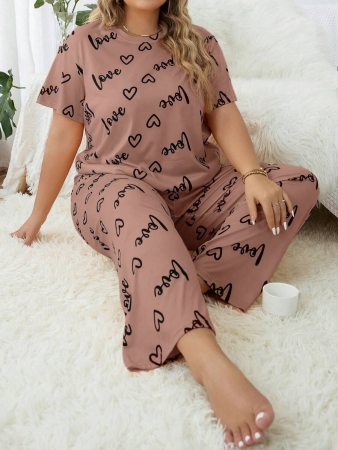 Plus Size Heart & Letter Print T-shirt And Pants Pajama Set - Image 2