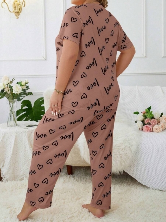 Plus Size Heart & Letter Print T-shirt And Pants Pajama Set - Image 3