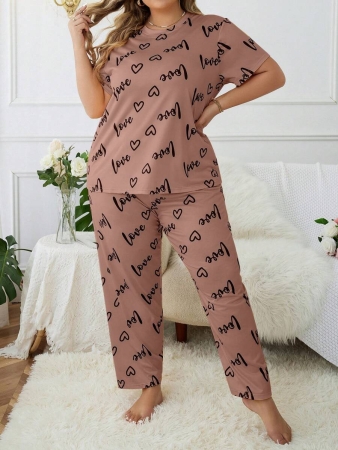 Plus Size Heart & Letter Print T-shirt And Pants Pajama Set - Image 4