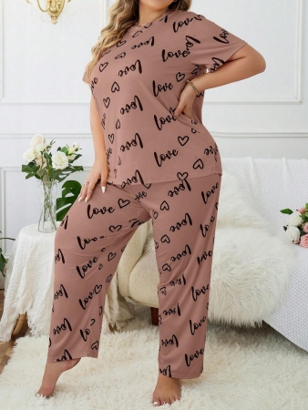 Plus Size Heart & Letter Print T-shirt And Pants Pajama Set - Image 5