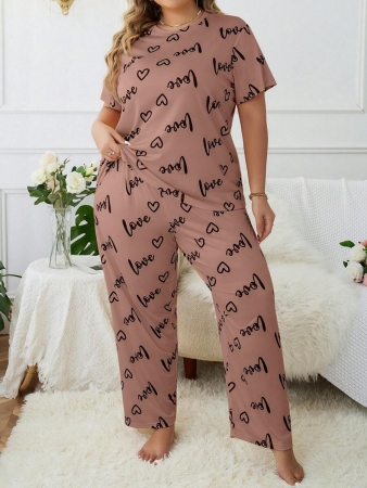 Plus Size Heart & Letter Print T-shirt And Pants Pajama Set - Image 6