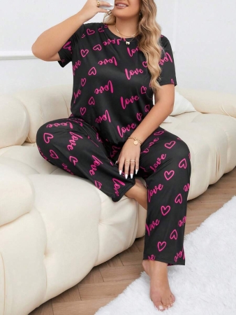 Plus Size Heart & Letter Print T-shirt And Pants Pajama Set - Image 7