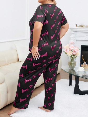 Plus Size Heart & Letter Print T-shirt And Pants Pajama Set - Image 8