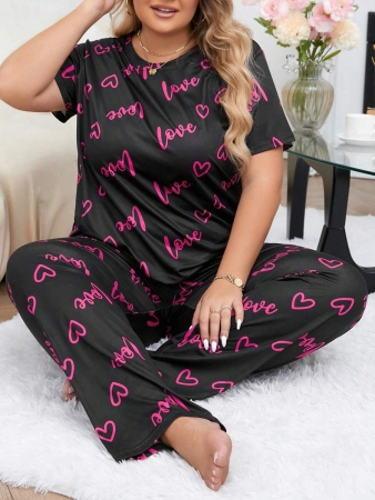 Plus Size Heart & Letter Print T-shirt And Pants Pajama Set - Image 9
