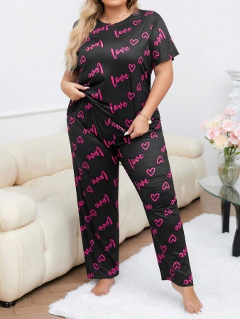 Plus Size Heart & Letter Print T-shirt And Pants Pajama Set - Image 10
