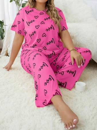 Plus Size Heart & Letter Print T-shirt And Pants Pajama Set - Image 11