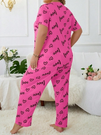 Plus Size Heart & Letter Print T-shirt And Pants Pajama Set - Image 12