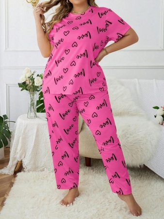Plus Size Heart & Letter Print T-shirt And Pants Pajama Set - Image 13