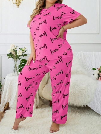 Plus Size Heart & Letter Print T-shirt And Pants Pajama Set - Image 14