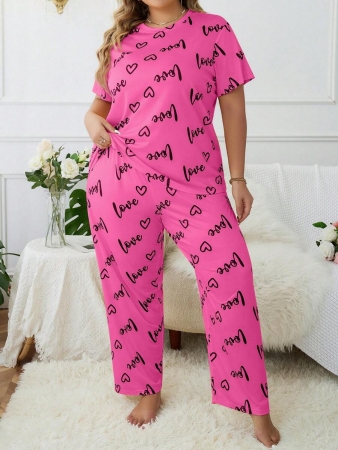 Plus Size Heart & Letter Print T-shirt And Pants Pajama Set - Image 15
