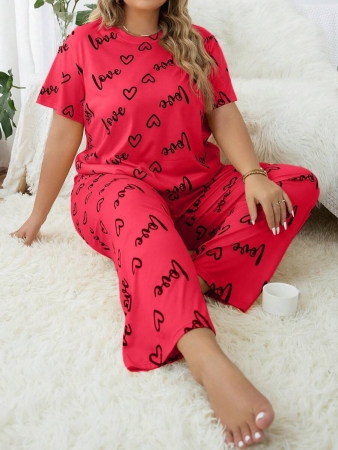 Plus Size Heart & Letter Print T-shirt And Pants Pajama Set - Image 16