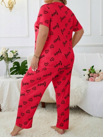 Plus Size Heart & Letter Print T-shirt And Pants Pajama Set - Image 17