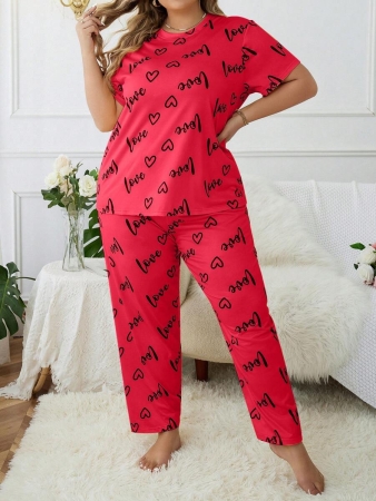 Plus Size Heart & Letter Print T-shirt And Pants Pajama Set - Image 18