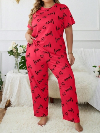 Plus Size Heart & Letter Print T-shirt And Pants Pajama Set - Image 19