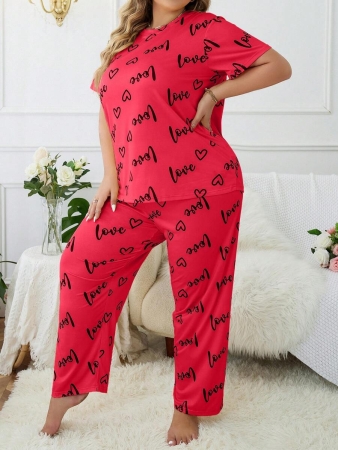 Plus Size Heart & Letter Print T-shirt And Pants Pajama Set - Image 20