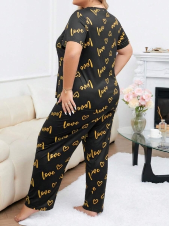 Plus Size Heart & Letter Print T-shirt And Pants Pajama Set - Image 22