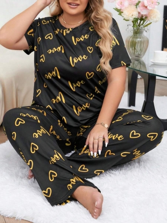 Plus Size Heart & Letter Print T-shirt And Pants Pajama Set - Image 23