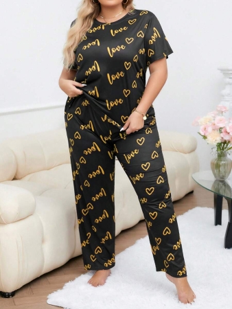 Plus Size Heart & Letter Print T-shirt And Pants Pajama Set - Image 24