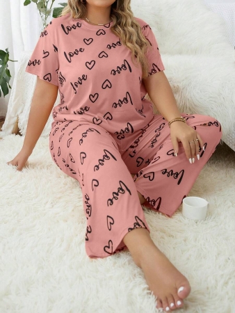 Plus Size Heart & Letter Print T-shirt And Pants Pajama Set - Image 25